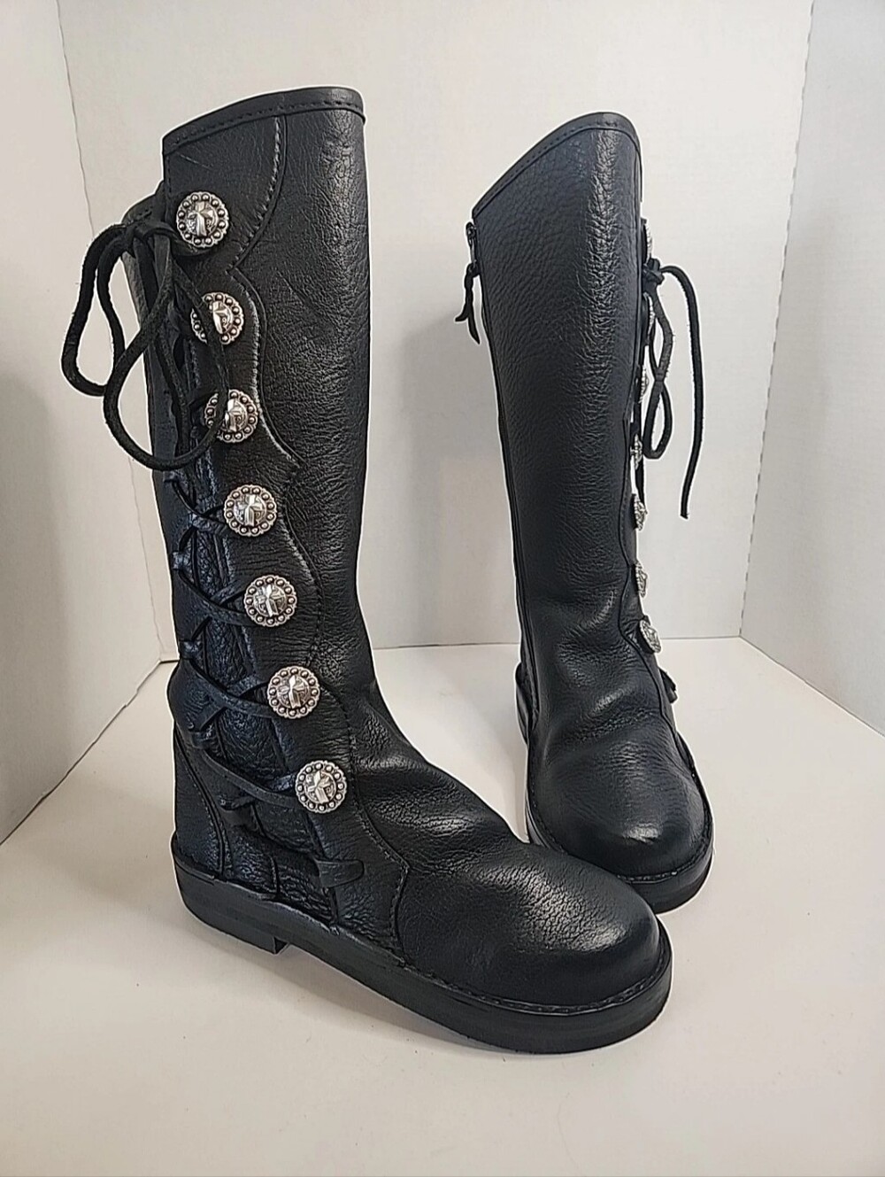 Ladies Black Leather Custom Made Zip &‎ Lace Up Embellished Knee High Boots.